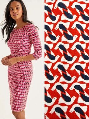 Boden Penny Jersey Dress Bird Print Red White Navy Blue Preppy Coastal